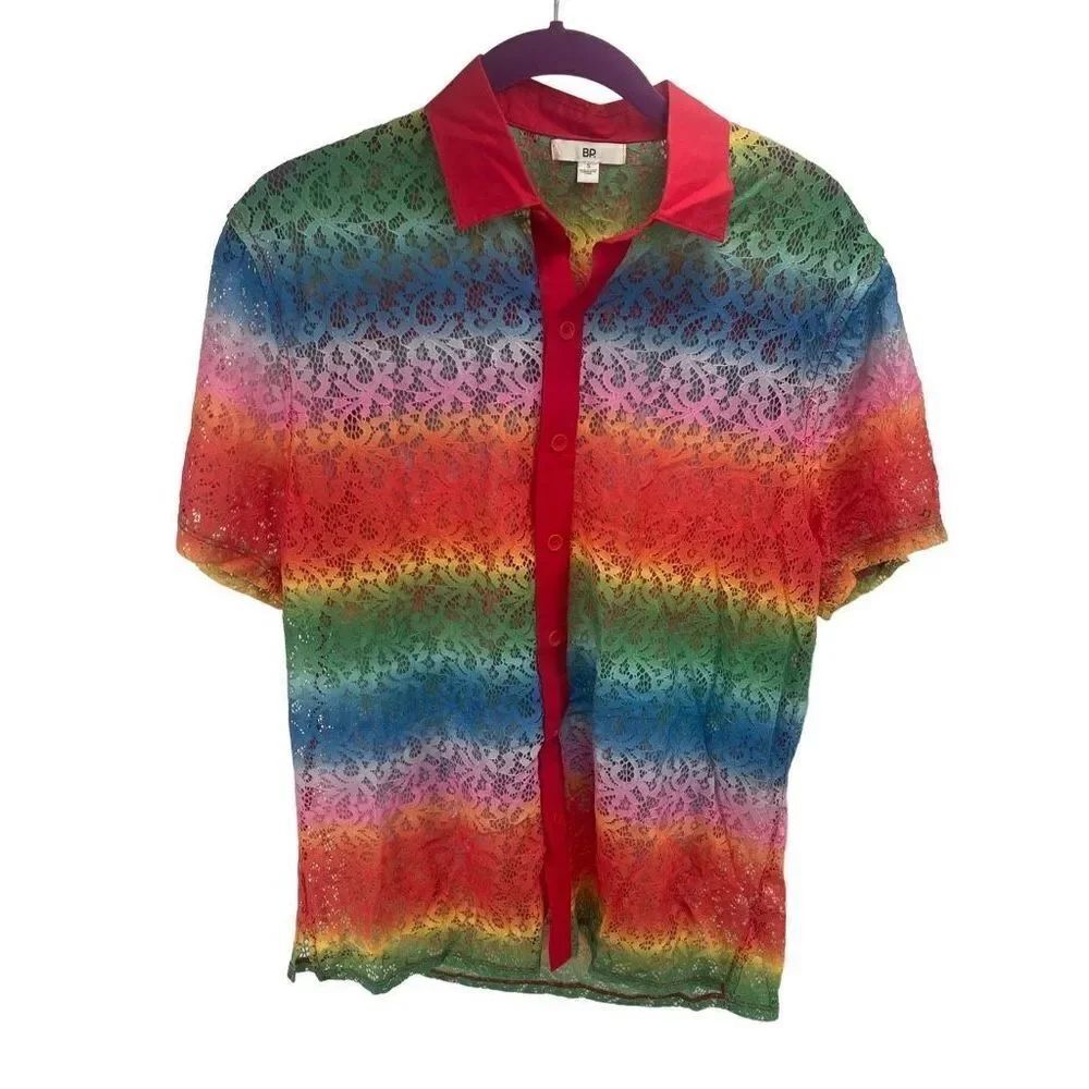 BP Be Proud Women's Button Down Shirt Lace Top Floral Ombre Rainbow Small